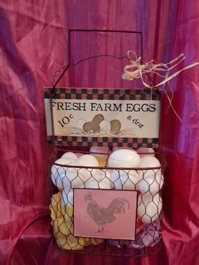 Fresh Farm Eggs Wire Basket Sign - White Eggs, Pink Accent